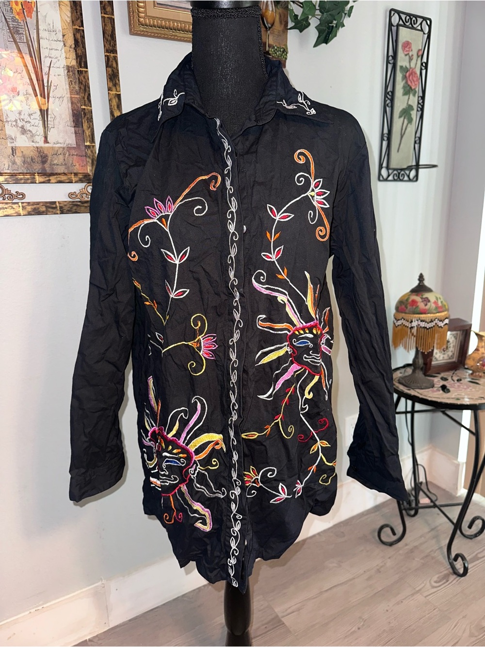 Spirit Black Button-Down Shirt with Multicolor Embroidered Sun Motifs